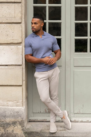 Textured Open Collar Knitted Polo Shirt in Soft Slate - TAILORED ATHLETE - USA