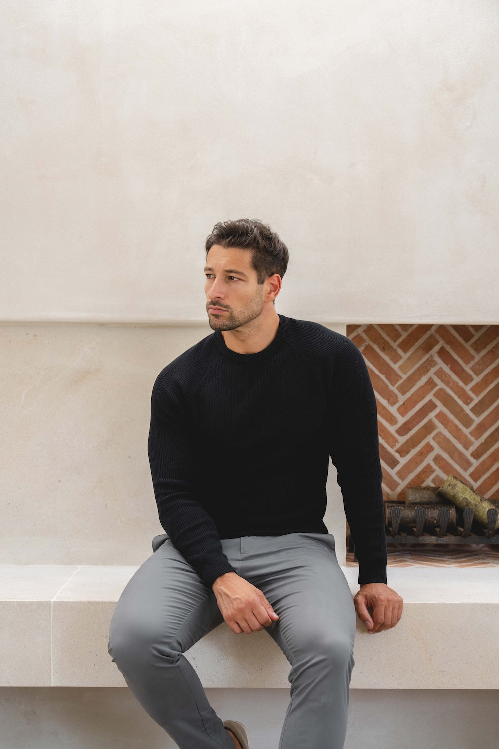 Pure Cotton Knitted Textured Crew Neck Sweater in Black - TAILORED ATHLETE - USA