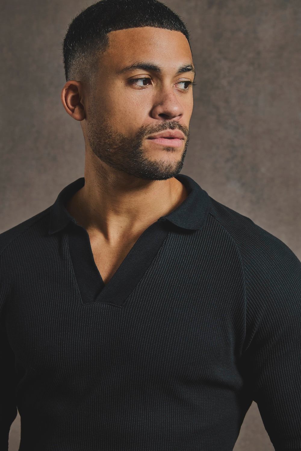 Textured Buttonless Polo Shirt in Black - TAILORED ATHLETE - USA