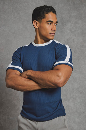 Textured Colour Blocked T-Shirt in Navy and White - TAILORED ATHLETE - USA