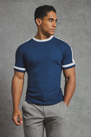 Textured Colour Blocked T-Shirt in Navy and White - TAILORED ATHLETE - USA