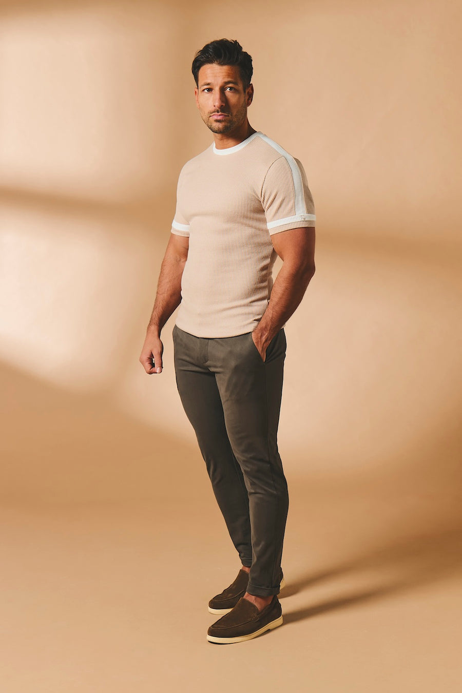 Textured Colour Blocked T-Shirt in Stone and White - TAILORED ATHLETE - USA