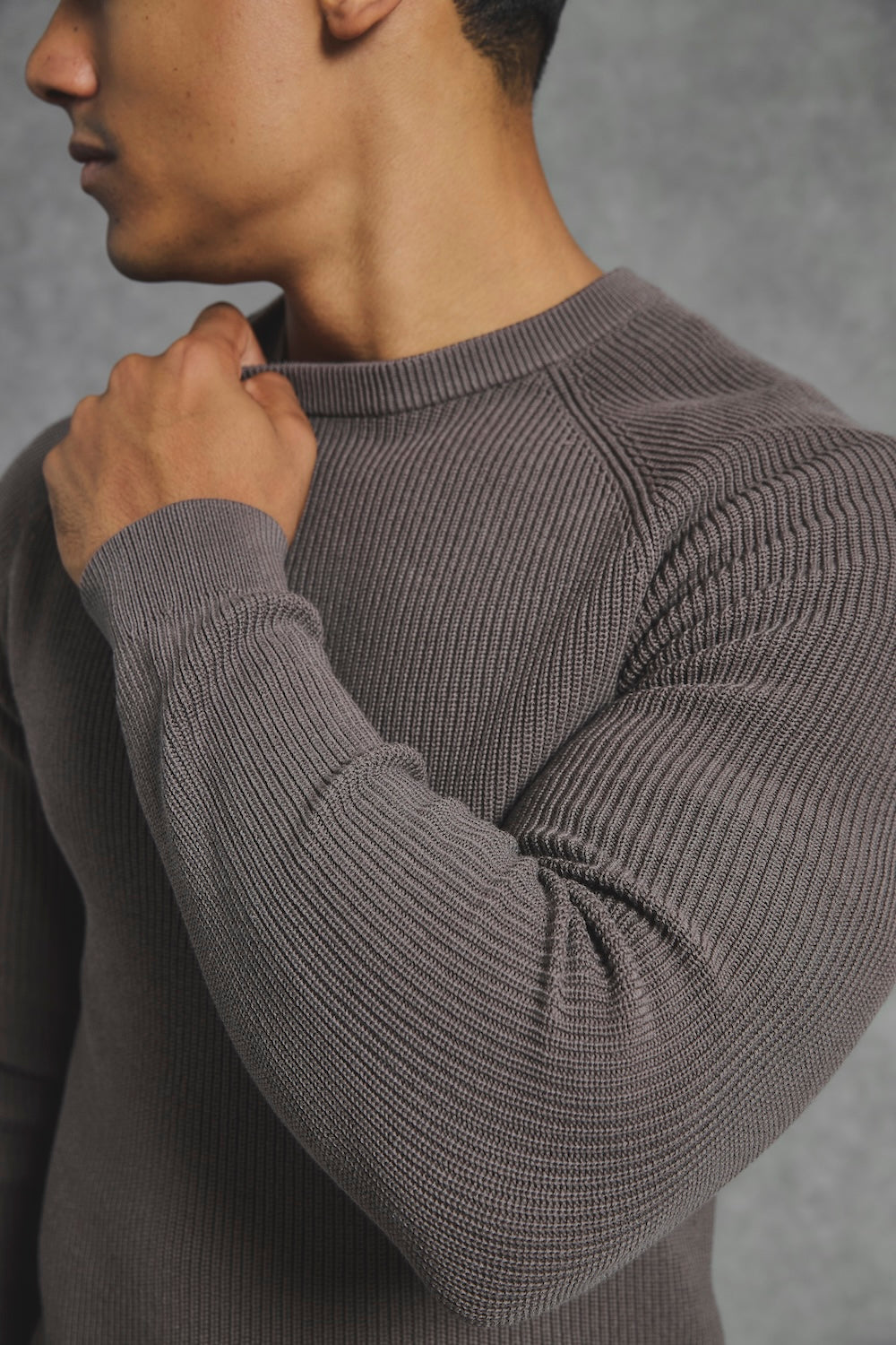 Pure Cotton Knitted Textured Crew Neck Sweater in Truffle - TAILORED ATHLETE - USA