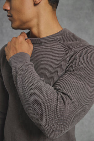 Pure Cotton Knitted Textured Crew Neck Sweater in Truffle - TAILORED ATHLETE - USA