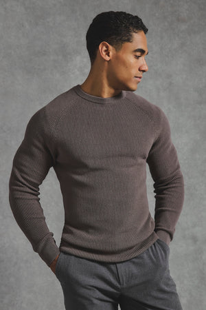 Pure Cotton Knitted Textured Crew Neck Sweater in Truffle - TAILORED ATHLETE - USA