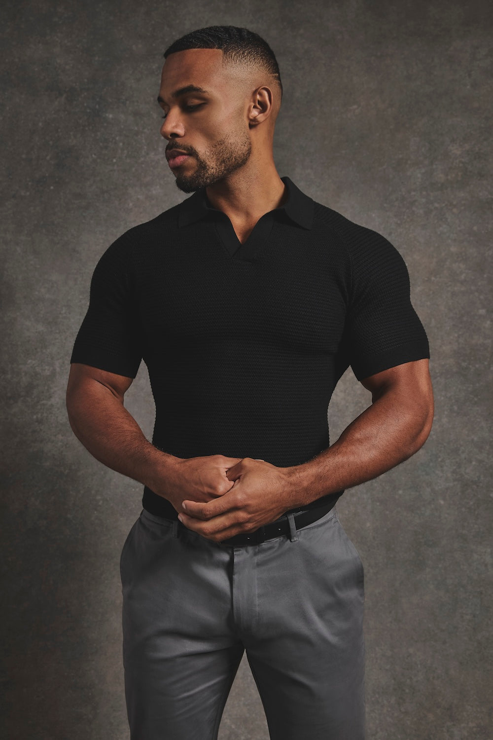 Textured Knitted Open Collar Polo Shirt in Black - TAILORED ATHLETE - USA
