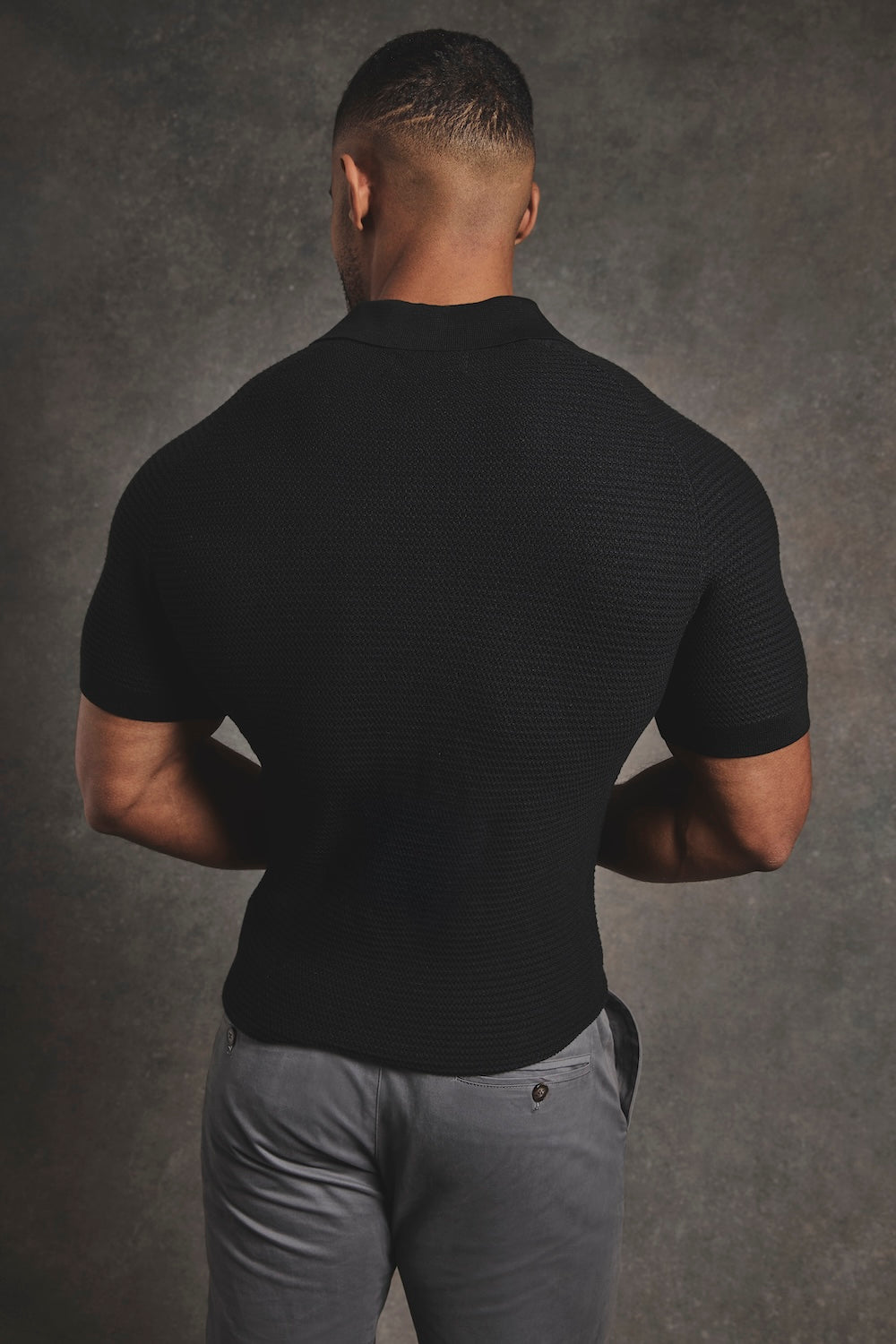 Textured Knitted Open Collar Polo Shirt in Black - TAILORED ATHLETE - USA