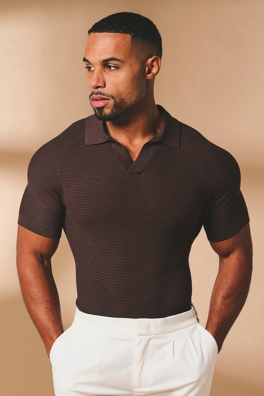 Textured Knitted Open Collar Polo Shirt in Chocolate - TAILORED ATHLETE - USA