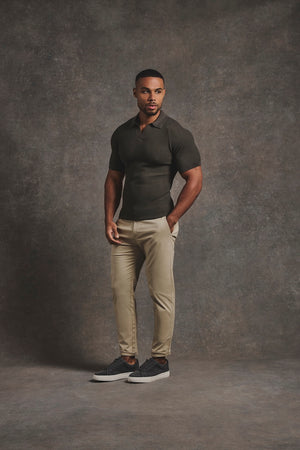 Textured Knitted Open Collar Polo Shirt in Dark Olive - TAILORED ATHLETE - USA