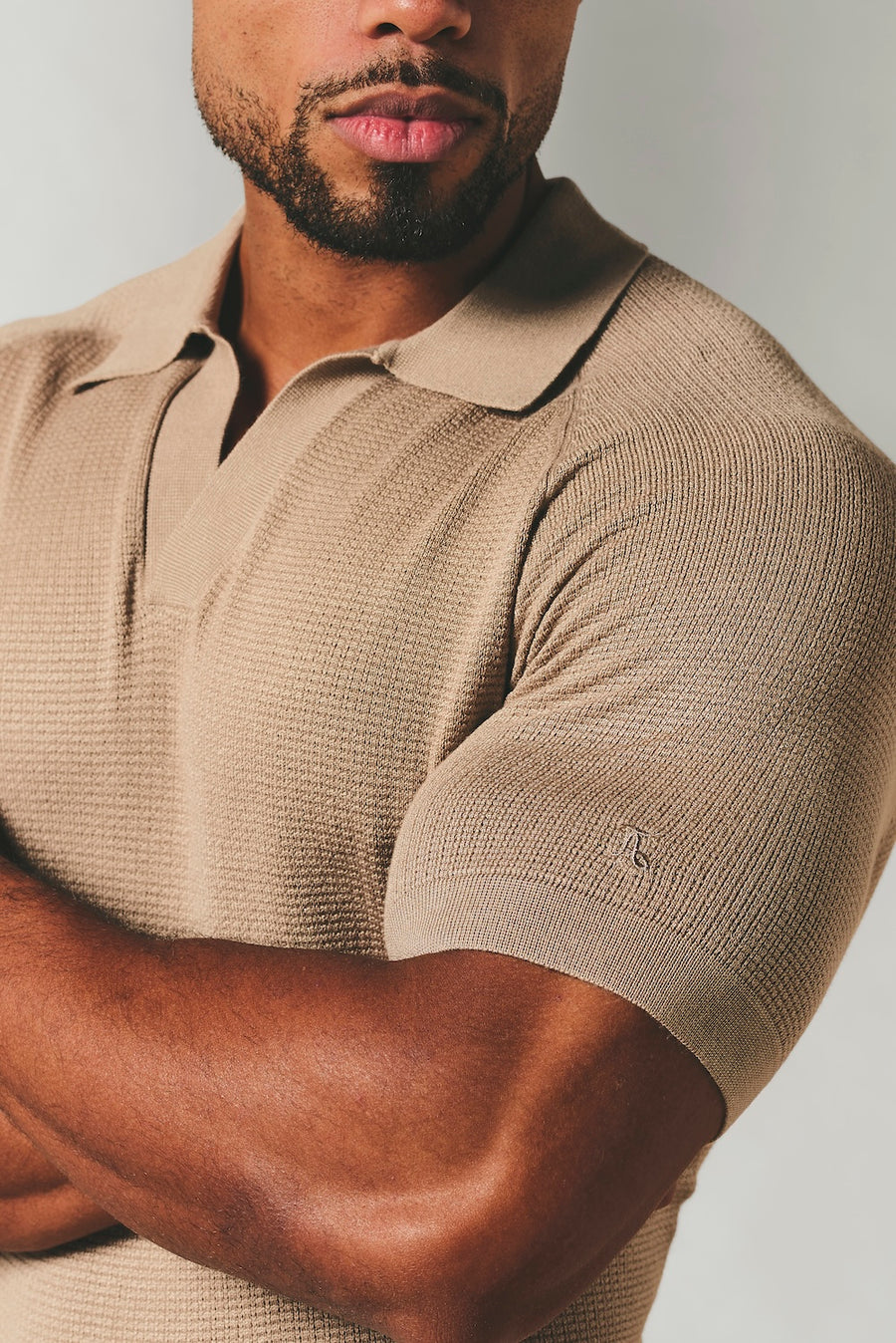 Square Textured Knitted Open Collar Polo Shirt in Stone - TAILORED ATHLETE - USA