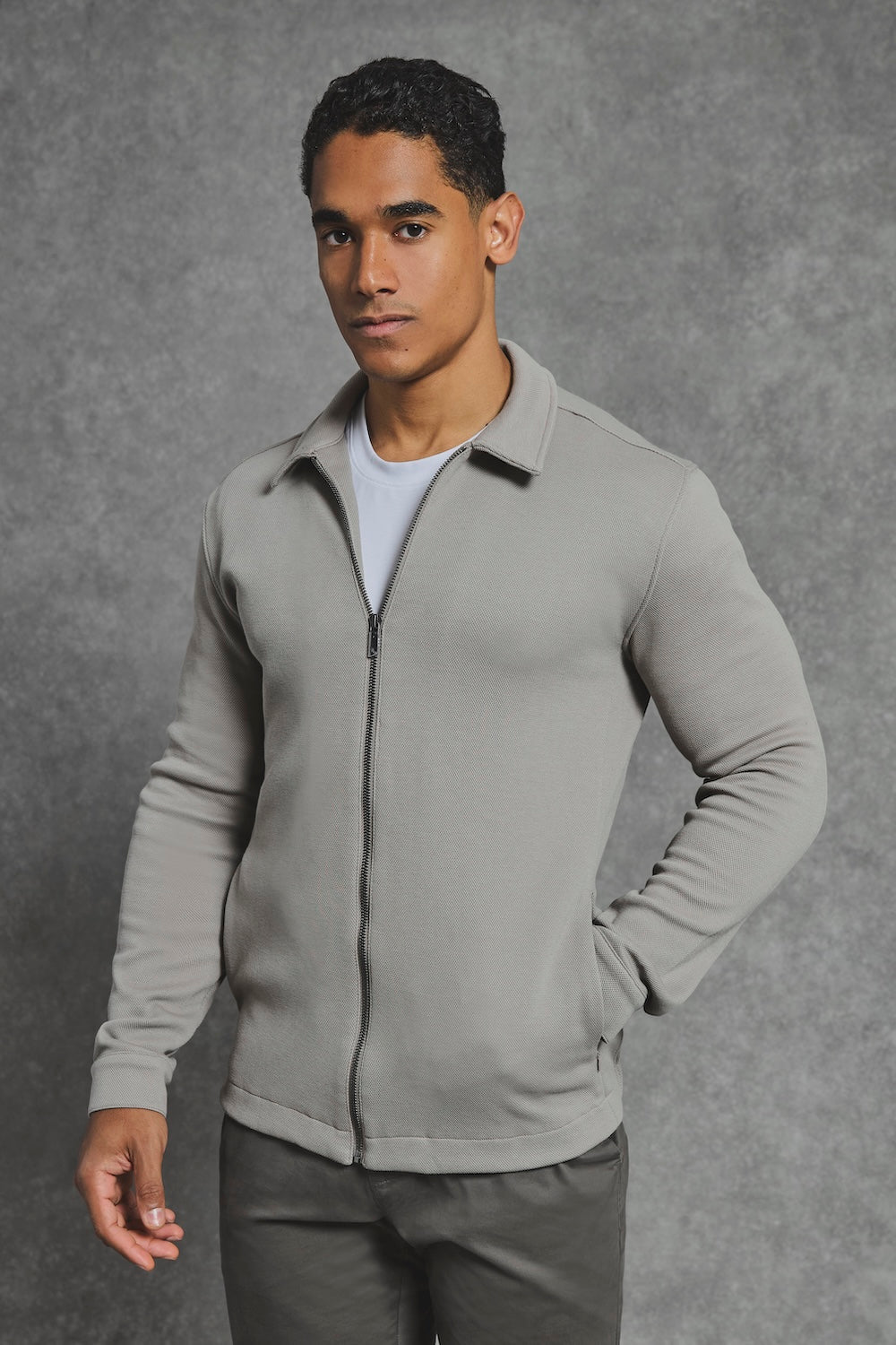 Textured Zip Through Shacket in Dark Stone - TAILORED ATHLETE - USA