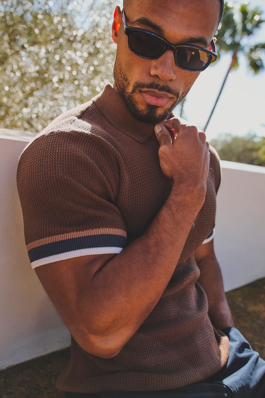 Colour Block Tipped Crochet Knit Polo Shirt in Chocolate - TAILORED ATHLETE - USA
