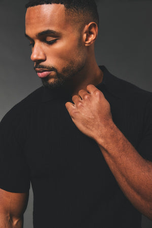Vertical Stripe Knitted Open Collar Polo Shirt in Black - TAILORED ATHLETE - USA