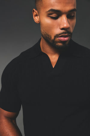Vertical Stripe Knitted Open Collar Polo Shirt in Black - TAILORED ATHLETE - USA