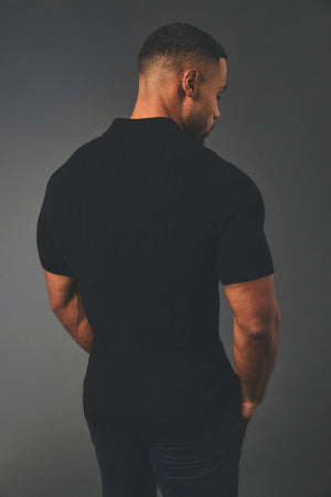 Vertical Stripe Knitted Open Collar Polo Shirt in Black - TAILORED ATHLETE - USA