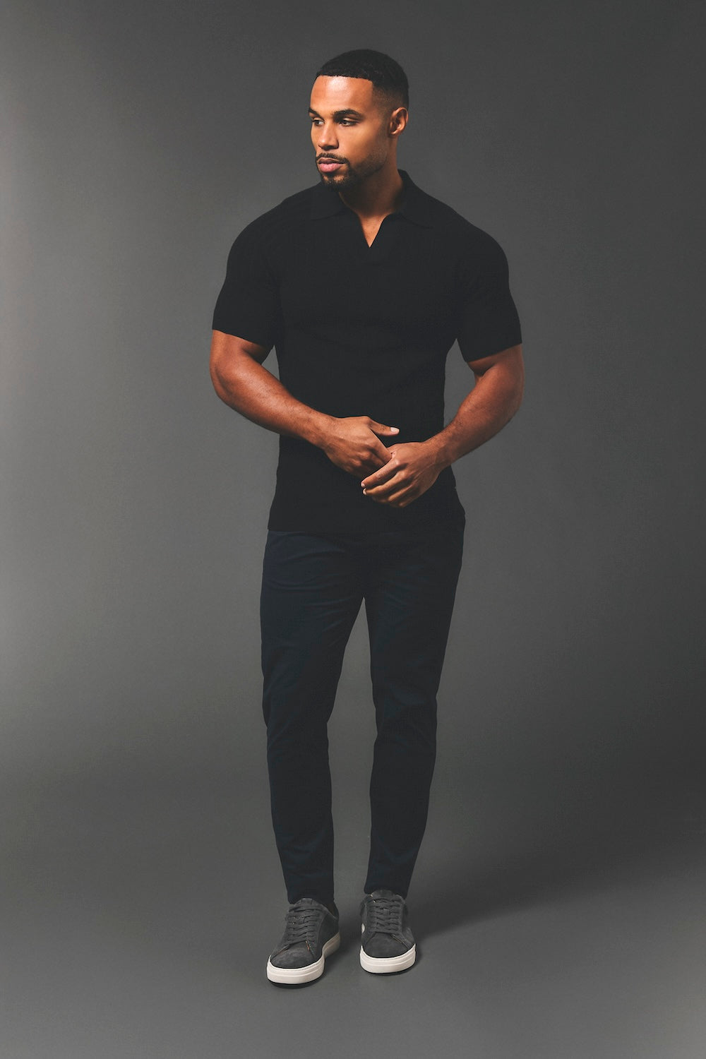 Vertical Stripe Knitted Open Collar Polo Shirt in Black - TAILORED ATHLETE - USA