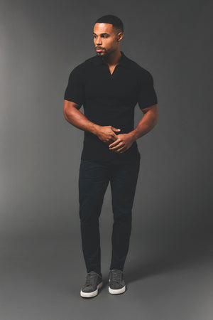Vertical Stripe Knitted Open Collar Polo Shirt in Black - TAILORED ATHLETE - USA