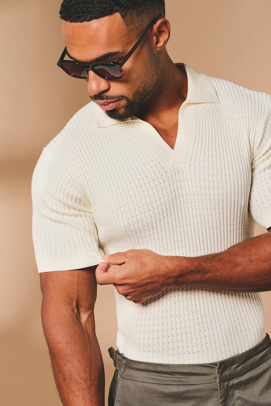 Fine Cable Knitted Open Collar Polo Shirt in Ecru - TAILORED ATHLETE - USA