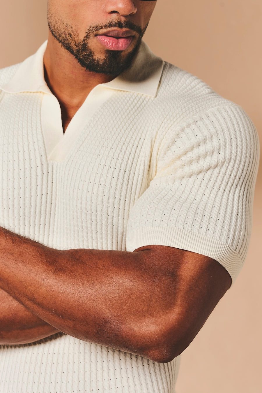 Fine Cable Knitted Open Collar Polo Shirt in Ecru - TAILORED ATHLETE - USA