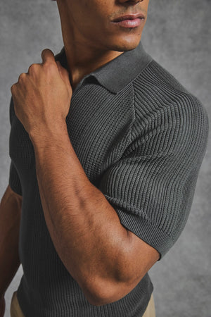 Vertical Stripe Knitted Polo Shirt in Khaki - TAILORED ATHLETE - USA