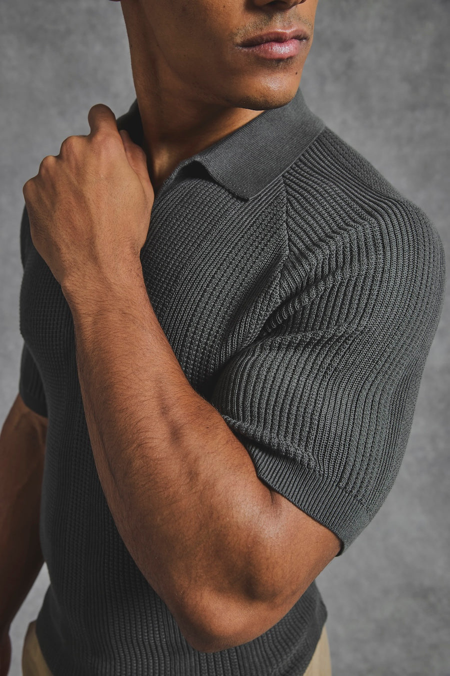 Vertical Stripe Knitted Polo Shirt in Khaki - TAILORED ATHLETE - USA