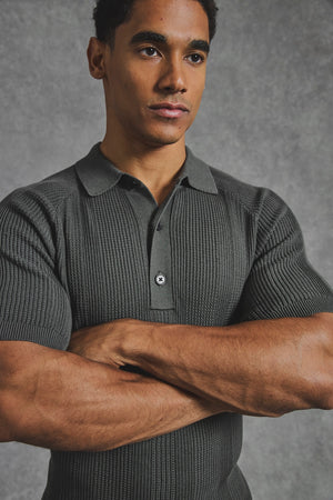 Vertical Stripe Knitted Polo Shirt in Khaki - TAILORED ATHLETE - USA