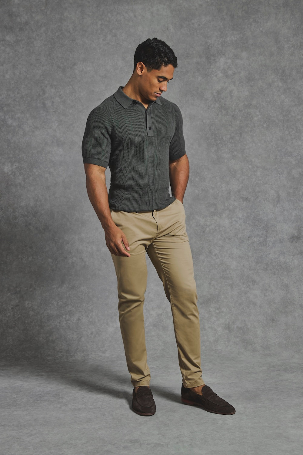 Vertical Stripe Knitted Polo Shirt in Khaki - TAILORED ATHLETE - USA