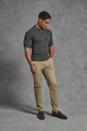 Vertical Stripe Knitted Polo Shirt in Khaki - TAILORED ATHLETE - USA