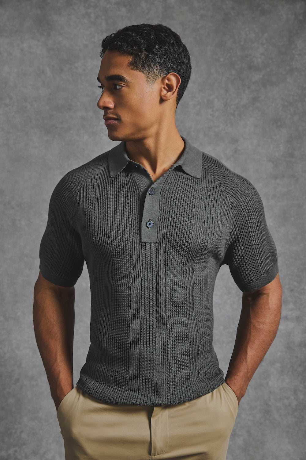 Vertical Stripe Knitted Polo Shirt in Khaki - TAILORED ATHLETE - USA