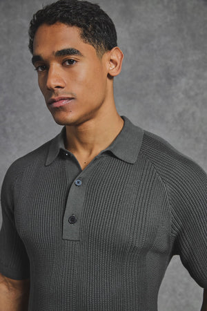 Vertical Stripe Knitted Polo Shirt in Khaki - TAILORED ATHLETE - USA