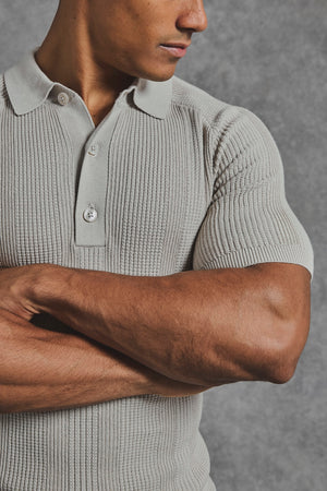 Vertical Stripe Knitted Polo Shirt in Stone - TAILORED ATHLETE - USA