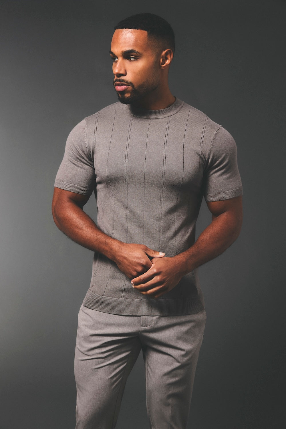 Vertical Stripe Knitted T-Shirt in Taupe - TAILORED ATHLETE - USA