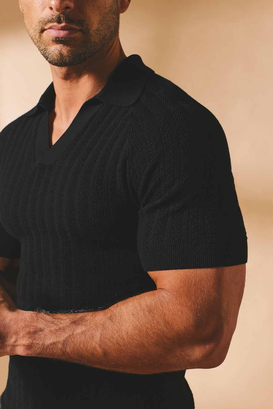 Vertical Stripe Knitted Open Collar Polo Shirt in Black - TAILORED ATHLETE - USA