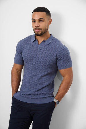 Cotton Textured Open Collar Knitted Polo Shirt in Slate Blue - TAILORED ATHLETE - USA