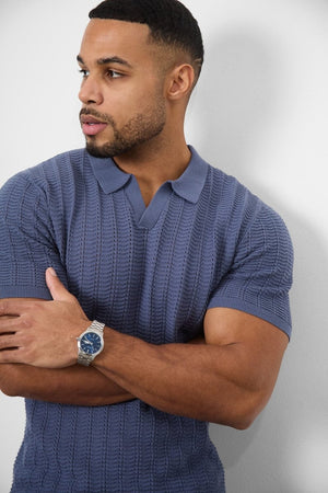 Cotton Textured Open Collar Knitted Polo Shirt in Slate Blue - TAILORED ATHLETE - USA