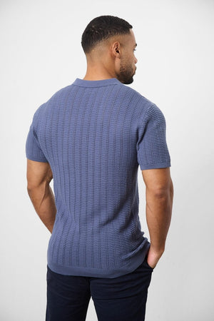 Cotton Textured Open Collar Knitted Polo Shirt in Slate Blue - TAILORED ATHLETE - USA