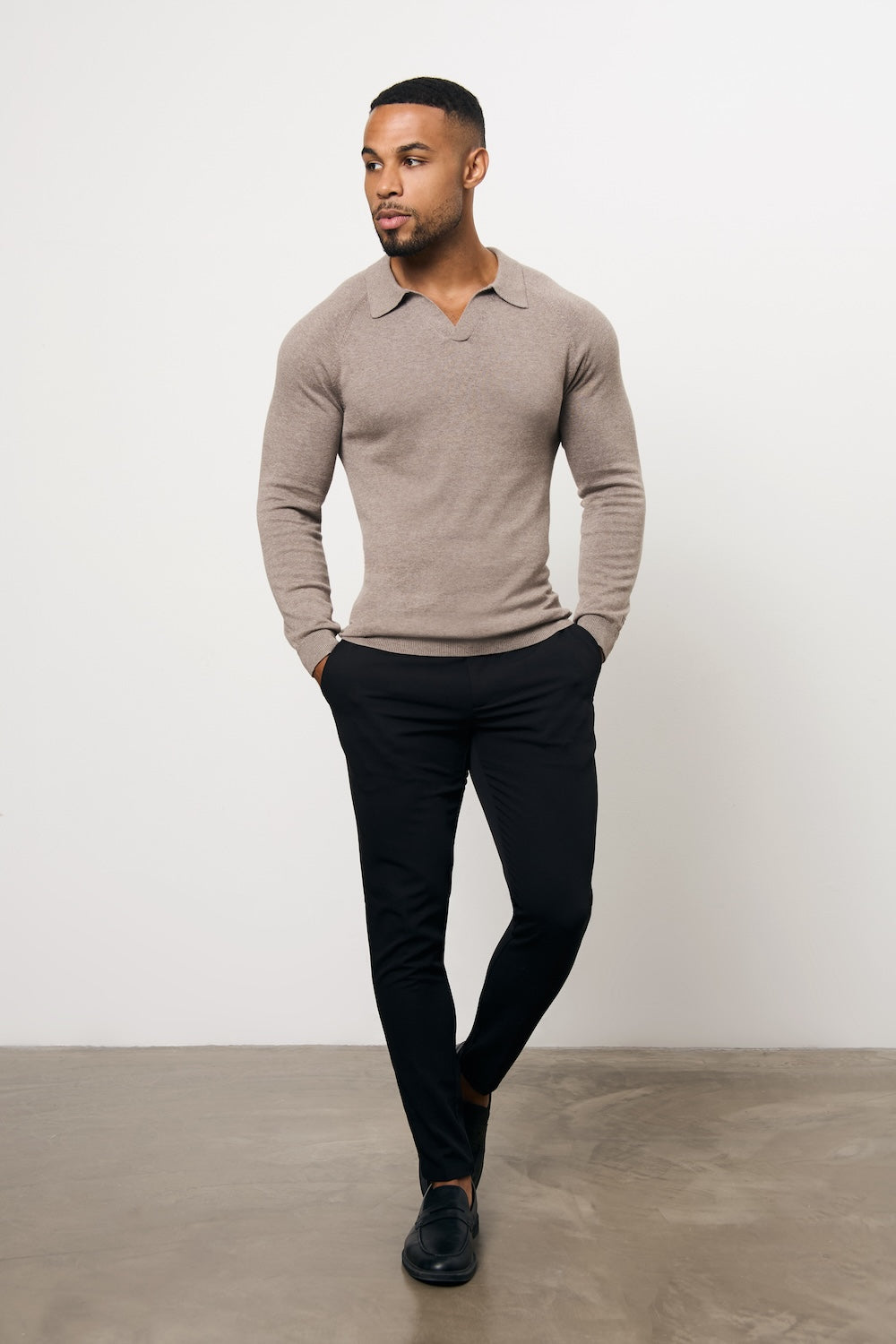 Pure Cotton Knitted Open Collar Polo Shirt in Brown Marl - TAILORED ATHLETE - USA