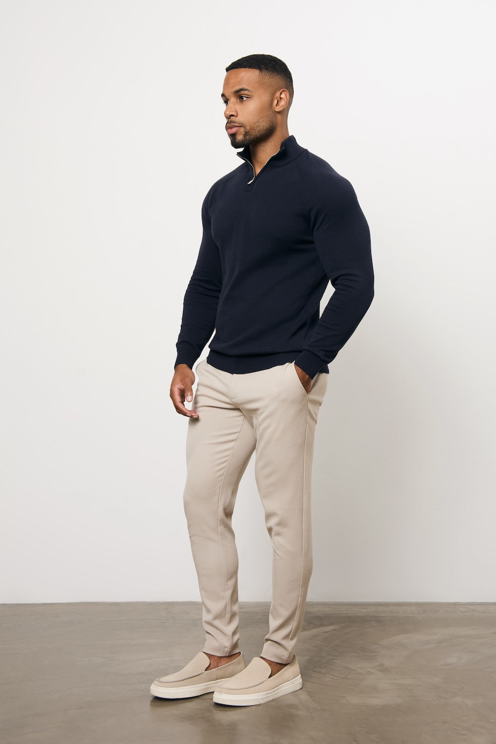 Pure Cotton Knitted Half Zip Neck Sweater in Navy - TAILORED ATHLETE - USA