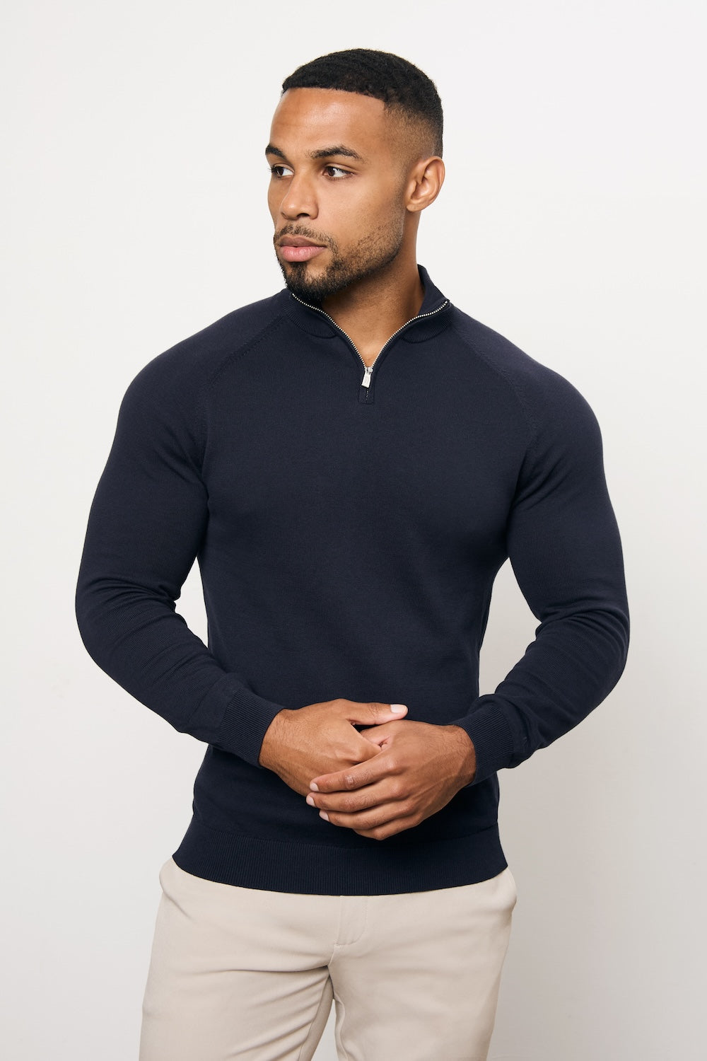 Pure Cotton Knitted Half Zip Neck Sweater in Navy - TAILORED ATHLETE - USA