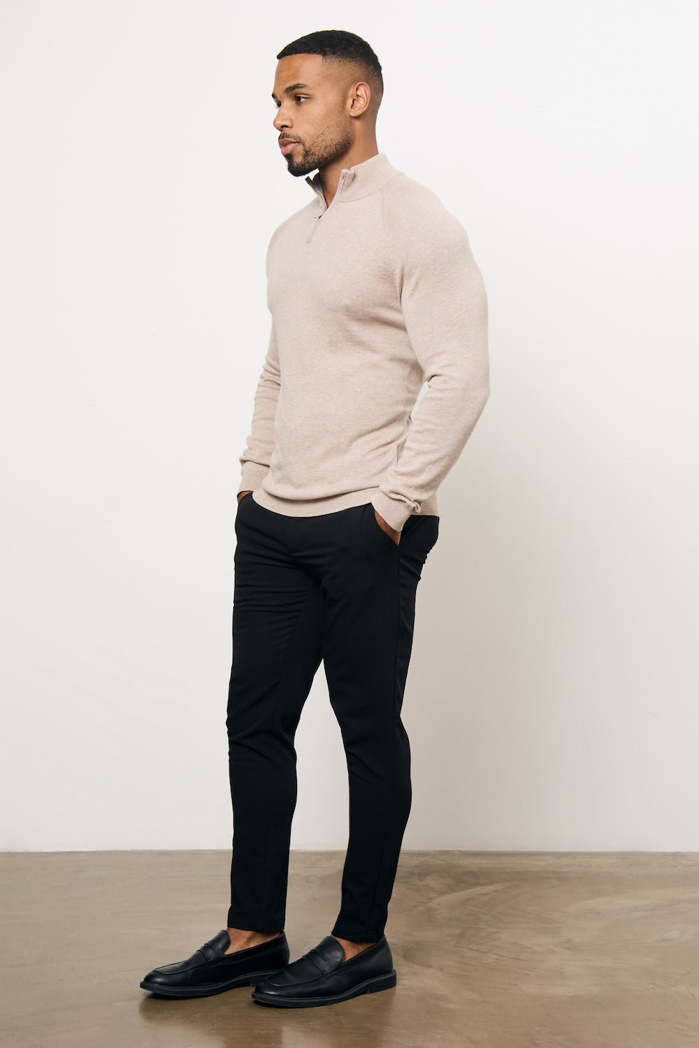 Pure Cotton Knitted Half Zip Neck Sweater in Neutral Marl - TAILORED ATHLETE - USA
