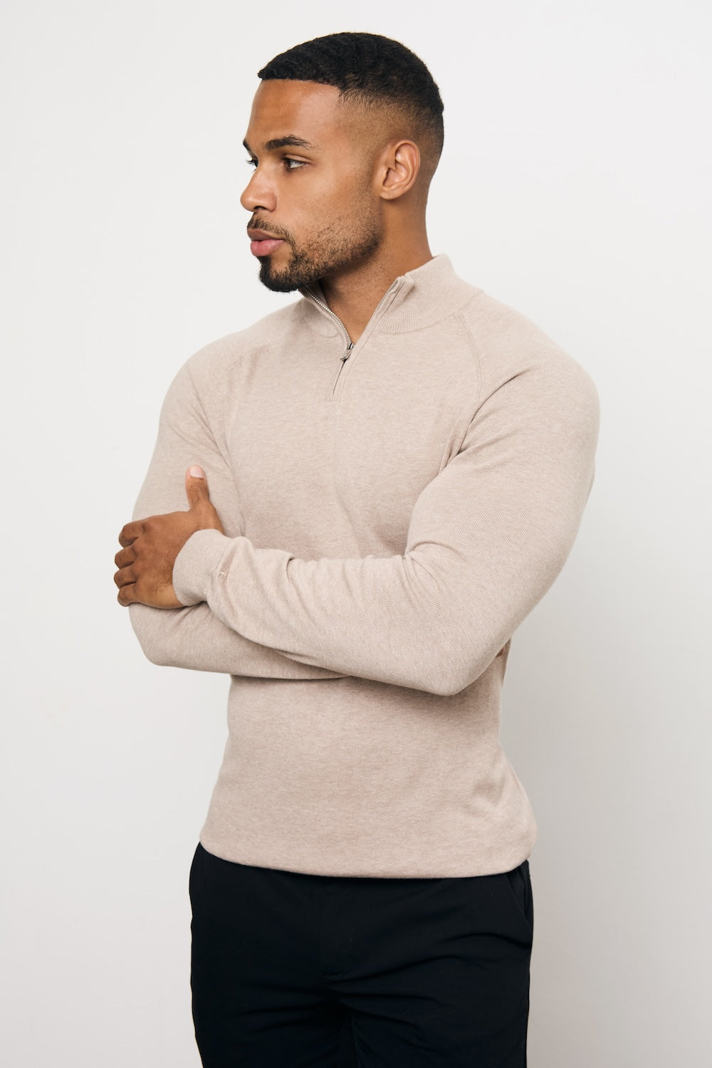 Pure Cotton Knitted Half Zip Neck Sweater in Neutral Marl - TAILORED ATHLETE - USA