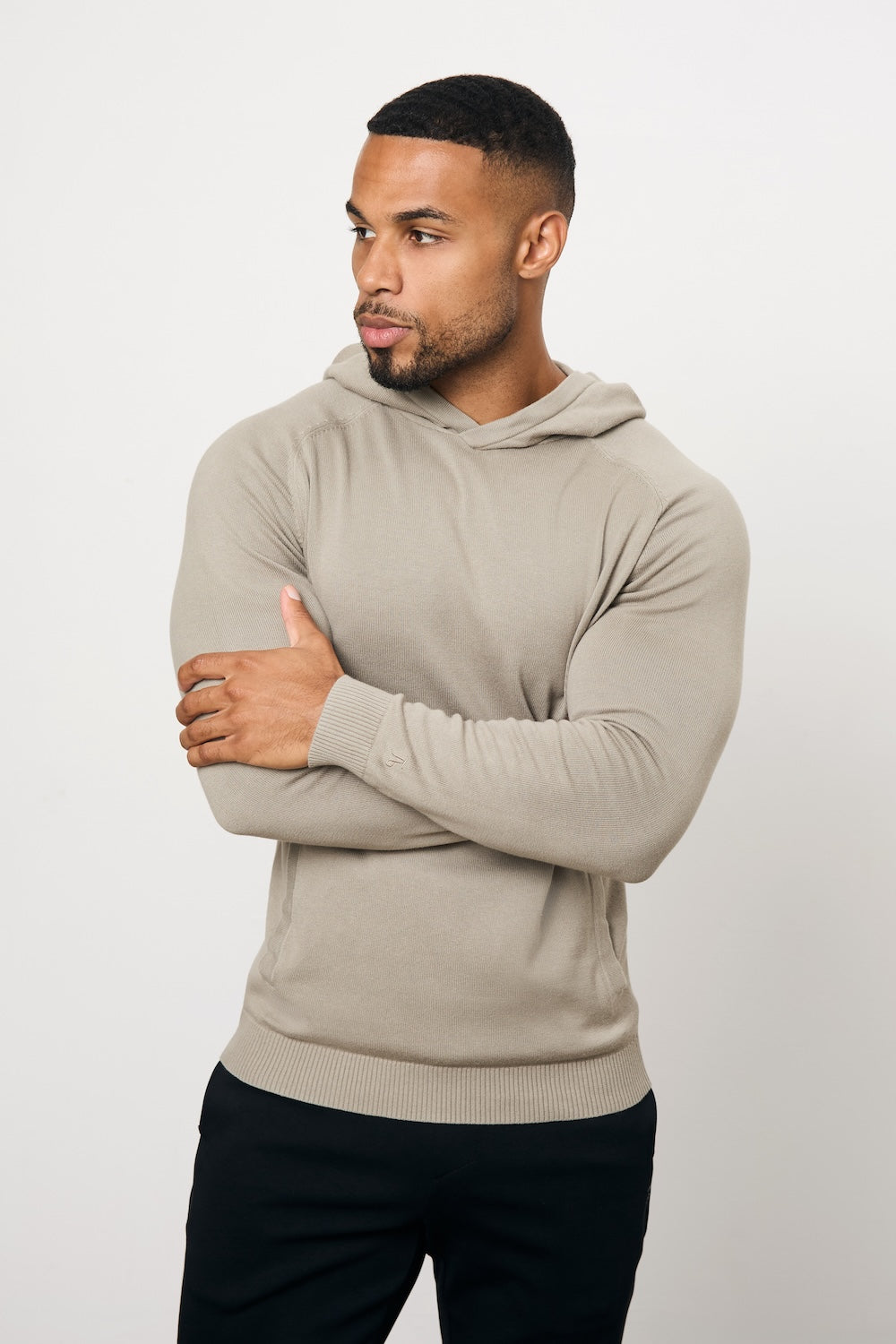 Pure Cotton Knitted Hoodie in Soft Khaki - TAILORED ATHLETE - USA