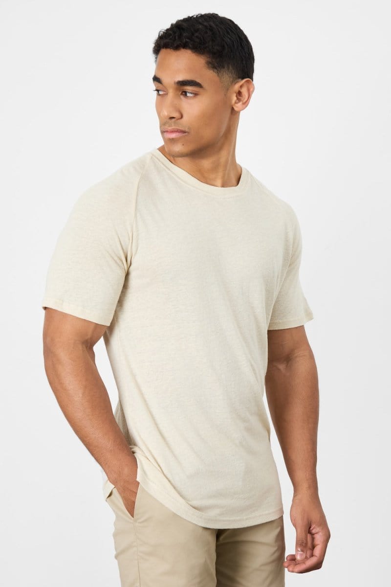 Stretch Linen Blend Knit Look T-shirt in Oatmeal - TAILORED ATHLETE - USA