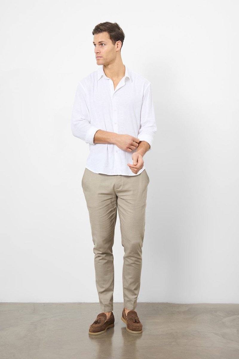 Stretch Linen Blend Button Through Shirt in White - TAILORED ATHLETE - USA