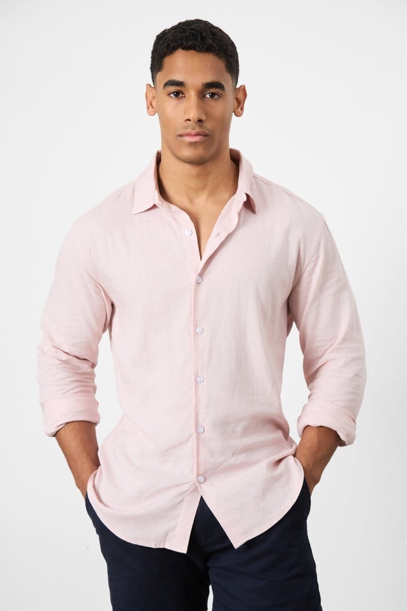 Stretch Linen Blend Button Through Shirt in Pink - TAILORED ATHLETE - USA