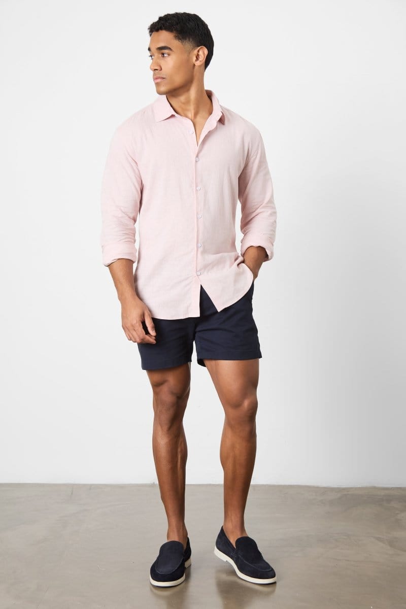 Stretch Linen Blend Button Through Shirt in Pink - TAILORED ATHLETE - USA