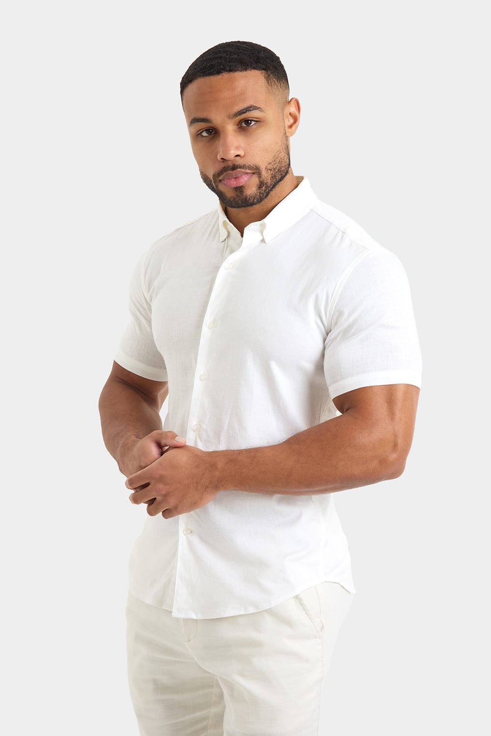 Short Sleeve Linen Blend Shirt in White - TAILORED ATHLETE - USA