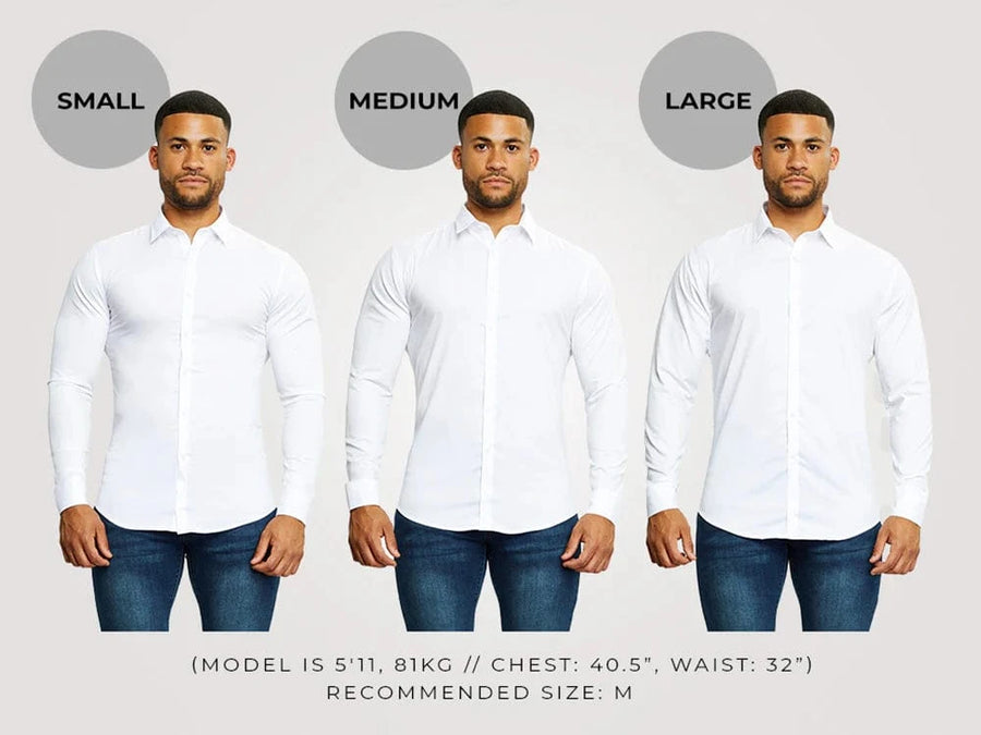 Muscle fit sizing image showing accurate size guide for a perfect fit and tailored look