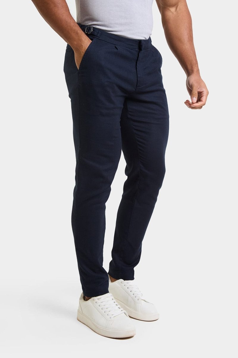 Linen Blend Cropped Pleated Pants in Navy - TAILORED ATHLETE - USA