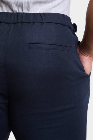 Linen Blend Cropped Pleated Pants in Navy - TAILORED ATHLETE - USA